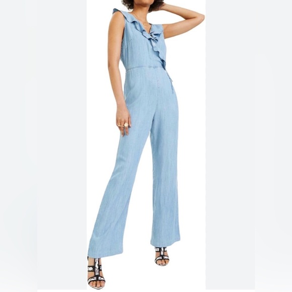 Guess Pants - Guess tencel ruffled Light Blue Women's Wide-Leg Jumpsuit